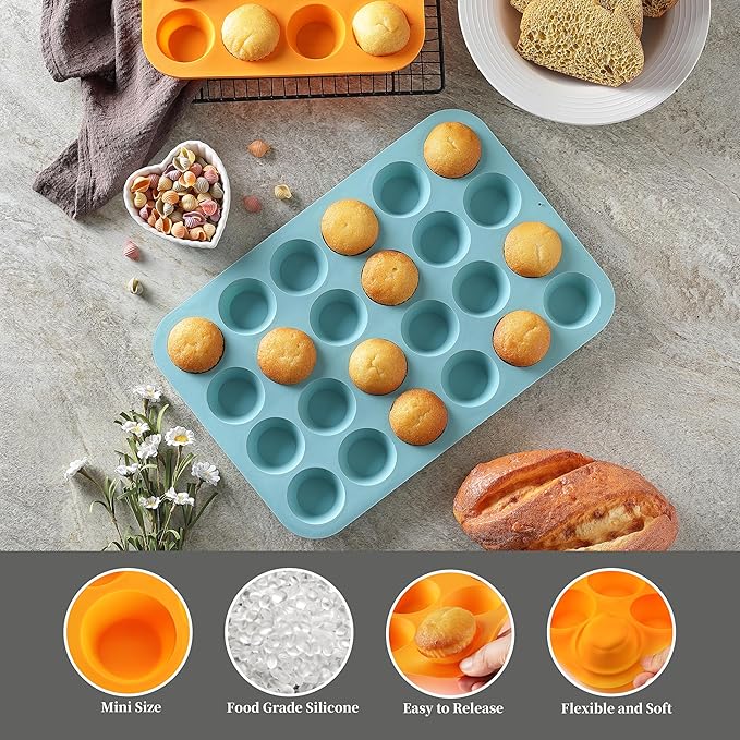 2PCS Silicone Mini Muffin & Cupcake Pan Set, Little Cook 24 Cups Mini Muffin Baking Pan, Non-Stick, BPA Free, Dishwasher Safe, Perfect for Making Muffin, Cakes, Tart (Orange + Peacock Blue)