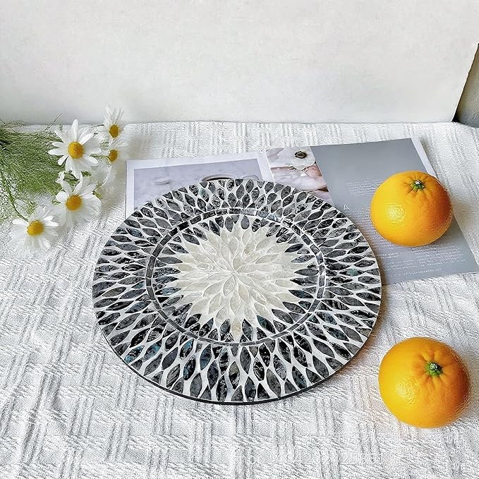 13 Inch Mother of Pearl Shell Placemat Plate – Large Round Decorative Heat for Table or Kitchen, Cabinet, Tabletop (Black and White Leaves, 13 Inch)