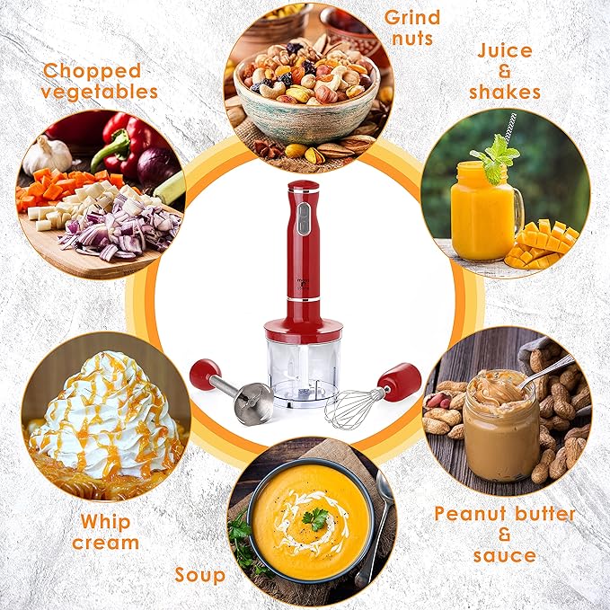 Moss & Stone Electric Hand Blender Set, 300W Immersion Hand Blender with Whisk and Chopper, Stainless Steel Shaft and Blades, 2-Speed Handheld Mixer with Ergonomic Grip, Red