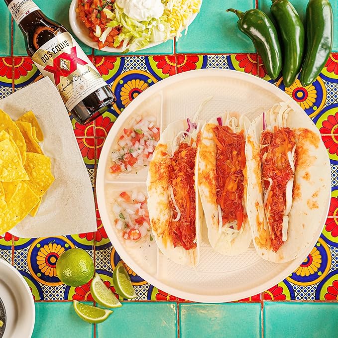 LUVCOSY 10'' Large Disposable Taco Plates, 3-Taco & 4-Sides, Biodegradable Cornstarch Taco Holder, Big Size Fit Soft & Hard Tortilla, Sturdy & Microwave Safe, Bar Serving Set For A Party- 60 Pack