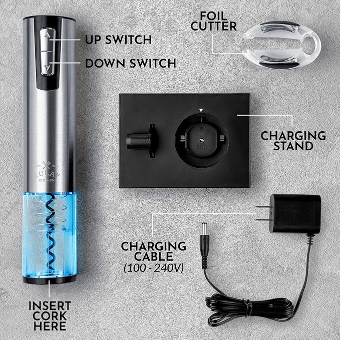 Zulay Kitchen Electric 3-in-1 Wine Bottle Opener Set – with Foil Cutter, USB Rechargeable Corkscrew, Automatic, Cordless, Sleek Stainless Steel Design for Home, Bar & Gifting, for Wine Lovers