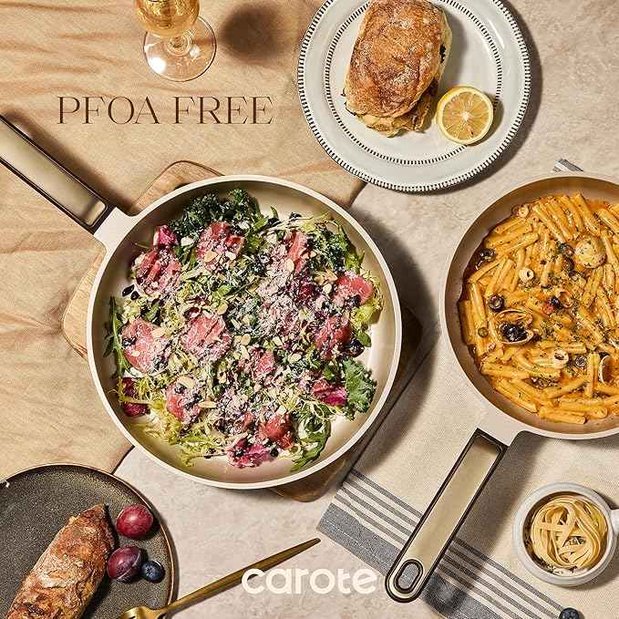 CAROTE Pots and Pans Set Nonstick, 16pcs Cookware Set Nonstick Non-Toxic & PFOA&PFOS-Free, Dishwasher, RV/Camping Cookware Set, Cooking Pots with Lids, Brown